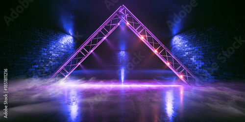 Fototapeta Naklejka Na Ścianę i Meble -  Cyber Futuristic Underground Basement Center Sci Fi Laser Neon Glowing VIbrant Concrete Grunge Warehouse Dystopian 3D Rendering