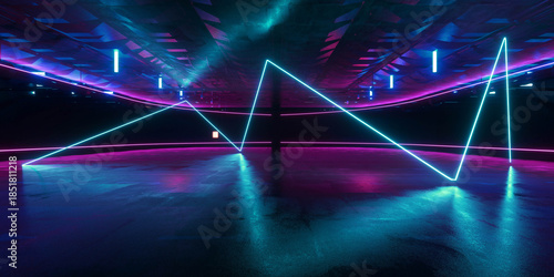 Fototapeta Naklejka Na Ścianę i Meble -  Cyber Futuristic Underground Basement Center Sci Fi Laser Neon Glowing VIbrant Concrete Grunge Warehouse Dystopian 3D Rendering