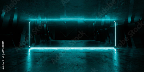 Fototapeta Naklejka Na Ścianę i Meble -  Cyber Futuristic Underground Basement Center Sci Fi Laser Neon Glowing VIbrant Concrete Grunge Warehouse Dystopian 3D Rendering