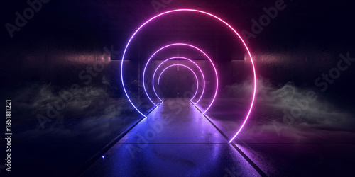 Fototapeta Naklejka Na Ścianę i Meble -  Cyber Futuristic Underground Basement Center Sci Fi Laser Neon Glowing VIbrant Concrete Grunge Warehouse Dystopian 3D Rendering