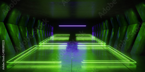 Cyber Futuristic Underground Basement Center Sci Fi Laser Neon Glowing VIbrant Concrete Grunge Warehouse Dystopian 3D Rendering