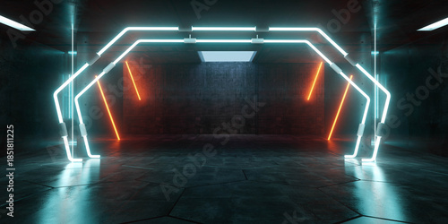 Fototapeta Naklejka Na Ścianę i Meble -  Cyber Futuristic Underground Basement Center Sci Fi Laser Neon Glowing VIbrant Concrete Grunge Warehouse Dystopian 3D Rendering