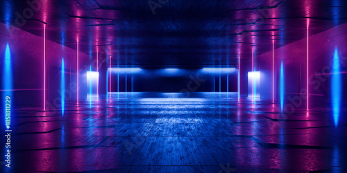 Fototapeta Naklejka Na Ścianę i Meble -  Cyber Futuristic Underground Basement Center Sci Fi Laser Neon Glowing VIbrant Concrete Grunge Warehouse Dystopian 3D Rendering