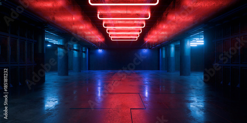 Fototapeta Naklejka Na Ścianę i Meble -  Cyber Futuristic Underground Basement Center Sci Fi Laser Neon Glowing VIbrant Concrete Grunge Warehouse Dystopian 3D Rendering