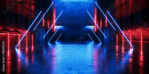 Cyber Futuristic Underground Basement Center Sci Fi Laser Neon Glowing VIbrant Concrete Grunge Warehouse Dystopian 3D Rendering