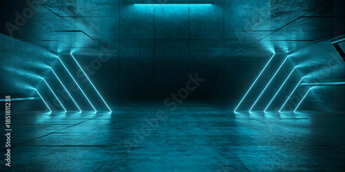 Fototapeta Naklejka Na Ścianę i Meble -  Cyber Futuristic Underground Basement Center Sci Fi Laser Neon Glowing VIbrant Concrete Grunge Warehouse Dystopian 3D Rendering