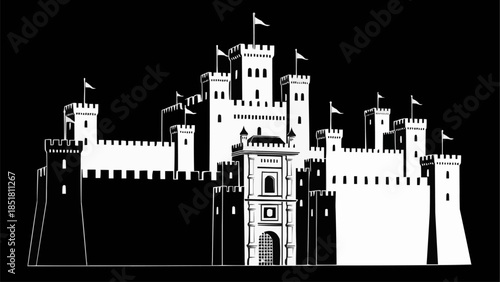 Majestic White Castle Fortress with Flags and Towers.
