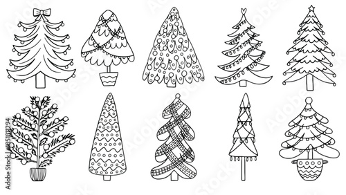 Collection of various hand-drawn Christmas trees in black and white.