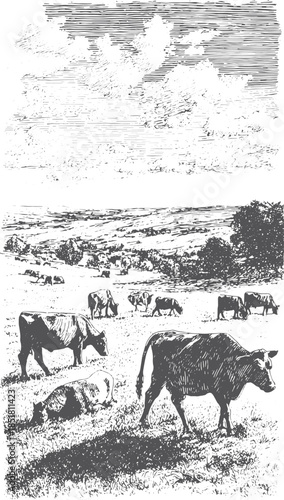 Cows grazing in a rural field landscape. Vintage illustration featuring cattle in a scenic, natural environment vector.