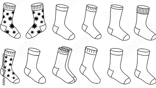 A collection of patterned and plain socks are displayed in two rows.