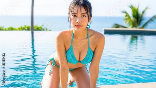 プールの縁で四つん這いになりカメラを見る水着女性