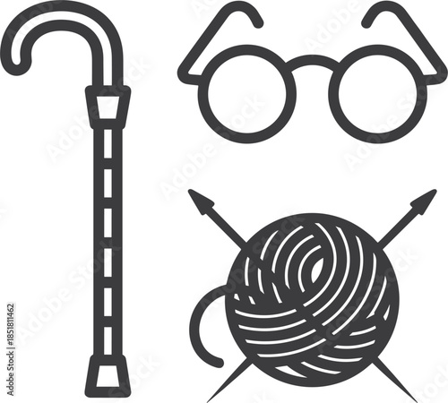 Vintage Knitting and Walking Accessories Icon Set cane walking stick