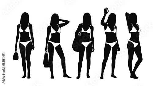 Five silhouettes of women in bikinis posing against a white background.