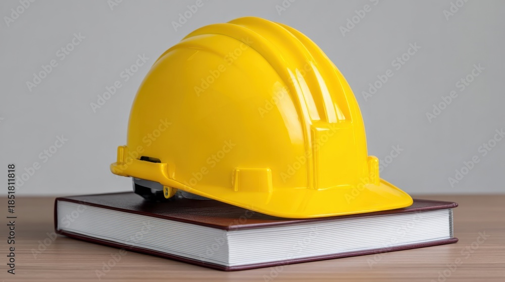 Fototapeta premium Yellow Hard Hat on Book Displaying Construction Safety and Education Symbolism in Professional Workplace Environment