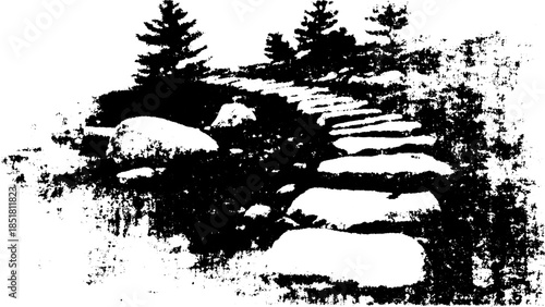 Path of stones in a natural landscape. Detailed monochrome vector illustration with rocks and trees, suitable for outdoor themes.