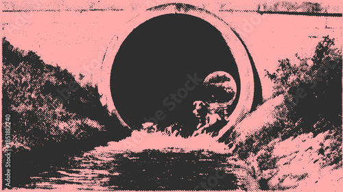 Water flows through a gray cylindrical tunnel, creating ripples on the surface. This vector illustration features a minimalist design with a pink backdrop.