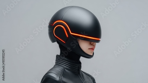 Futuristic humanoid figure wearing sleek black helmet with neon accents in a minimalist sci-fi environment