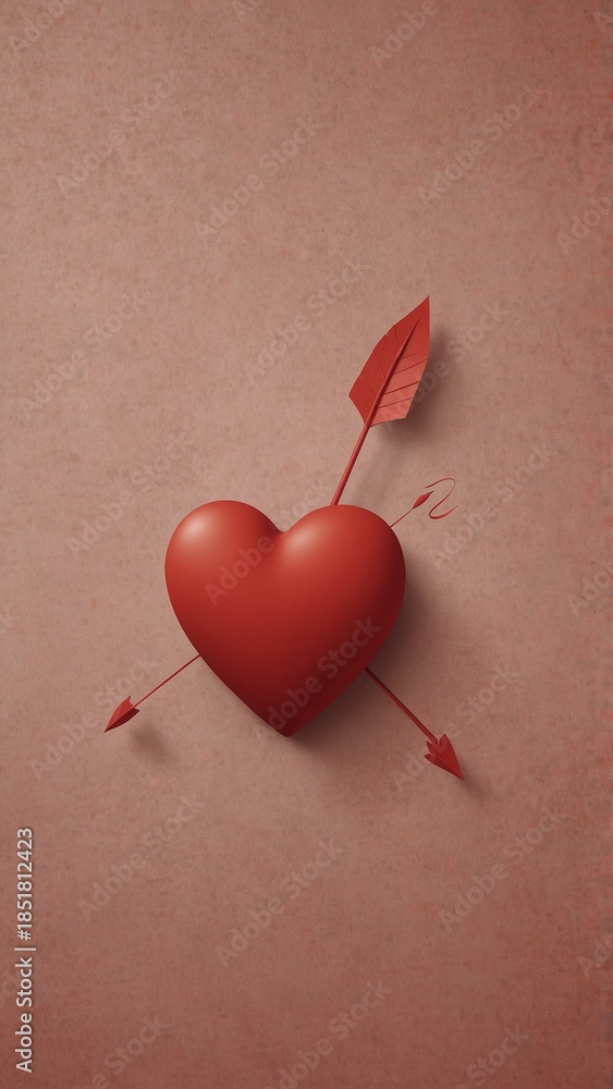 Fototapeta premium Red heart pierced by arrow on pink textured background