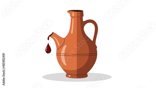 Traditional wine jug with red liquid dripping, concept of Trifon Zarezan  
