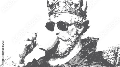 Vintage illustration of a king with a crown and beard, sipping from a cup. The monochrome vector style highlights the regal character in this artwork.