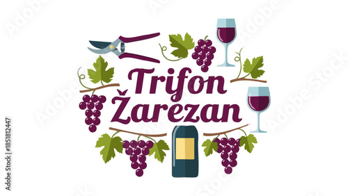 Trifon Zarezan wine festival logo with grapes and glasses  