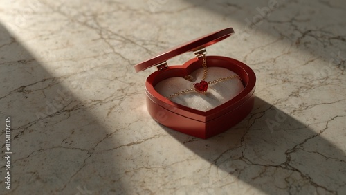 heart-shaped ring box on marble surface for valentine's day