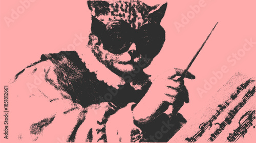 Vintage illustration of a cat character wearing glasses and clothing. This whimsical vector image features a musical sheet and a pointer in a playful set.