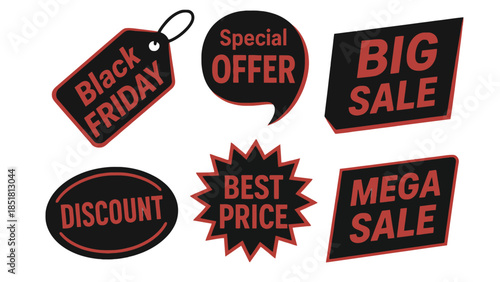 Collection of sale and discount tags for Black Friday and shopping events.
