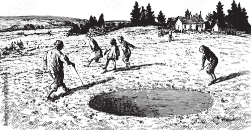 Children playing in a field with a hole. Vintage black and white set of vector illustrations depicting a summer activity scene in nature.