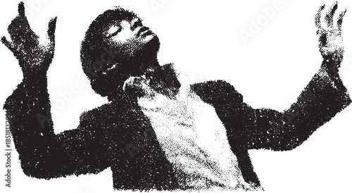 Man in suit striking a unique pose. Black and white vector illustration showcasing creative expression and artistic style.