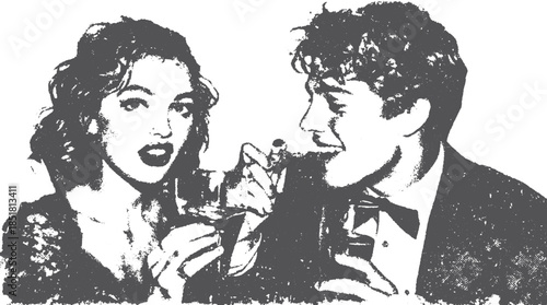 Couple celebrating with drinks in a vintage style. Elegant vector illustration captures the joy of a festive evening in a playful manner.