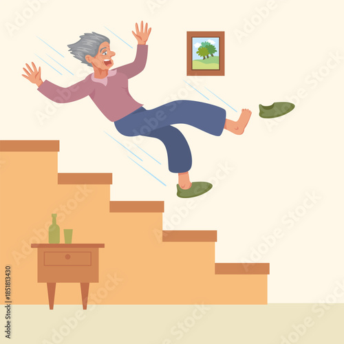 Old Woman falls down stairs.