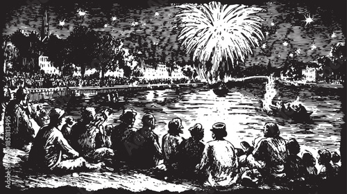 Crowd watching fireworks by the water. Vintage black and white ink drawing set showcases the gathering in this vector illustration.