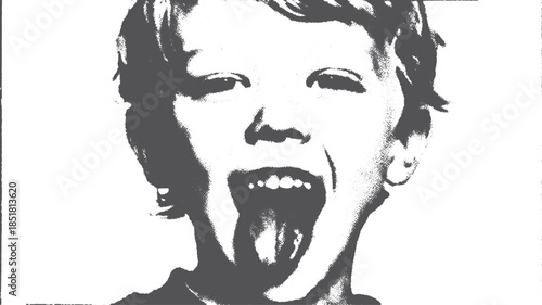 Boy showing a playful expression with tongue out. Black and white vector illustration capturing youth in a simple, candid style.