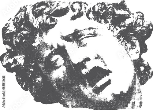 Human head illustration with expressive emotion. Vintage black and white vector art showcasing detailed texture and classic features.