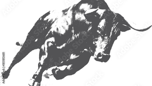 Black bull leaping in a dynamic pose. Powerful vector illustration showcasing its musculature and motion in a bold monochrome style.