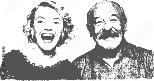Happy couple smiling in a joyful portrait. Black and white vector illustration reflecting emotion in a nostalgic style.