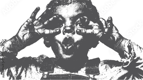 Child expression in playful black and white. Silly gesture with hands showing excitement in a unique vector illustration.