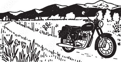 Motorcycle in black lineart style, set against a landscape featuring mountains and open fields. Simple vector illustration of transportation.