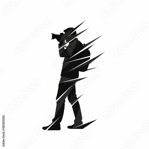 Silhouette of a photographer with camera and backpack, dynamic sharp edges.