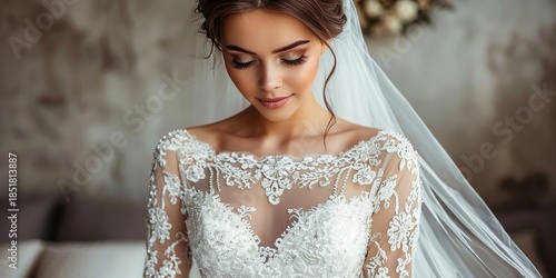 Beautiful bride in white wedding dress with veil and lace details