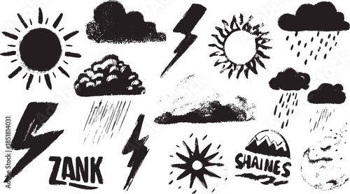 Weather elements set featuring hand-drawn icons: sun, clouds, rain, and lightning. Black and white vector illustration with a brush texture.
