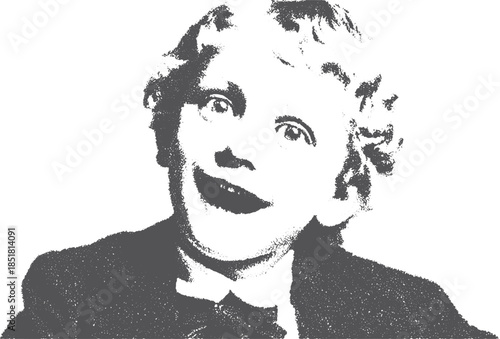 Boy with a happy expression in a vintage black and white photo. Simple illustration style presenting a charming childhood mood in vector format.