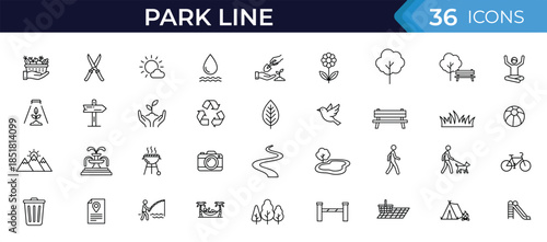 Park line editable icon set with minimalist outline style featuring park activities nature recreation gardening picnic camping playground vector collection