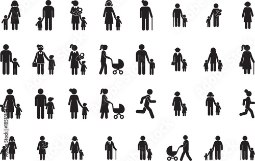 Vector  illustration of Diverse stick figure families and individuals depicting various daily life situations, isolated on white background