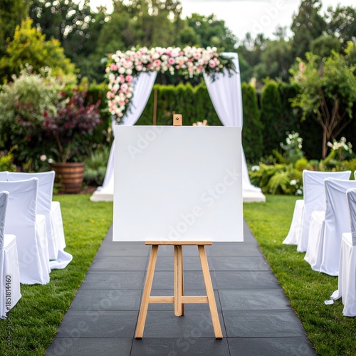 Blank easel sign at a garden wedding