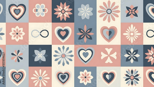 Modern geometric pattern illustration with hearts and floral shapes