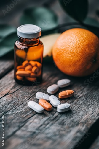 Boosting Immune System Concept with Vitamin C Bottle and Assorted Fresh Fruits