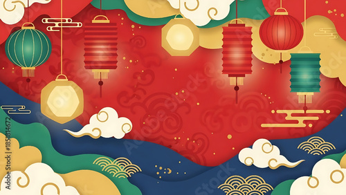 Colorful Chinese Lanterns and Cloud Pattern Background for Lunar New Year