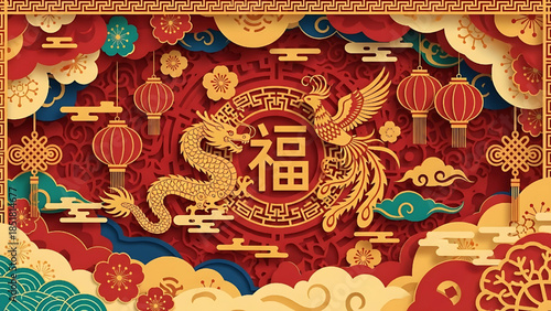 Chinese New Year Dragon and Phoenix Symbol with Fu Character Illustration